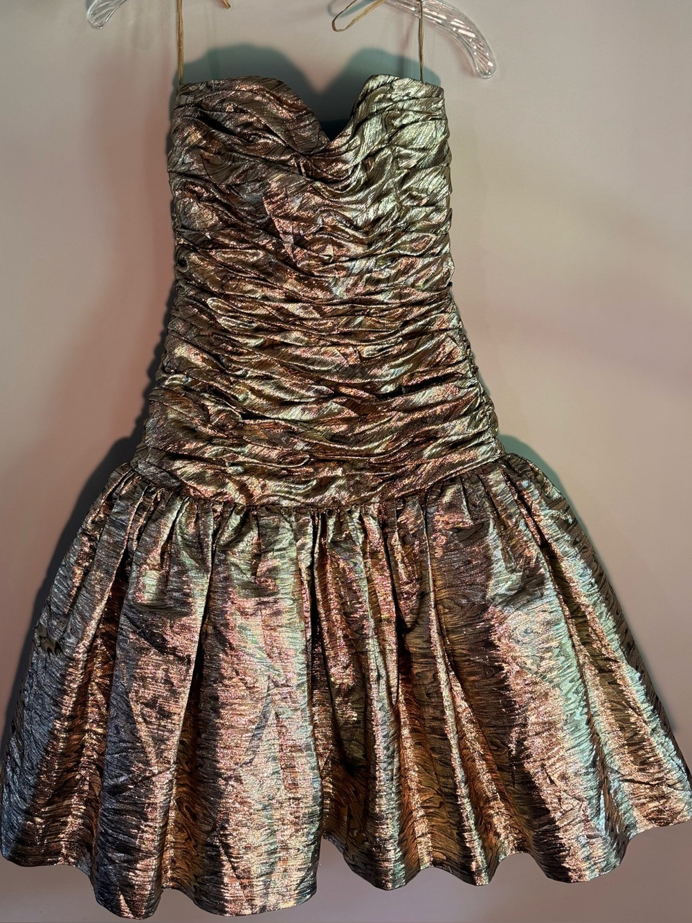 80s 90s Victor Costa gold metallic dress. Strapless structured bodice,drop waist